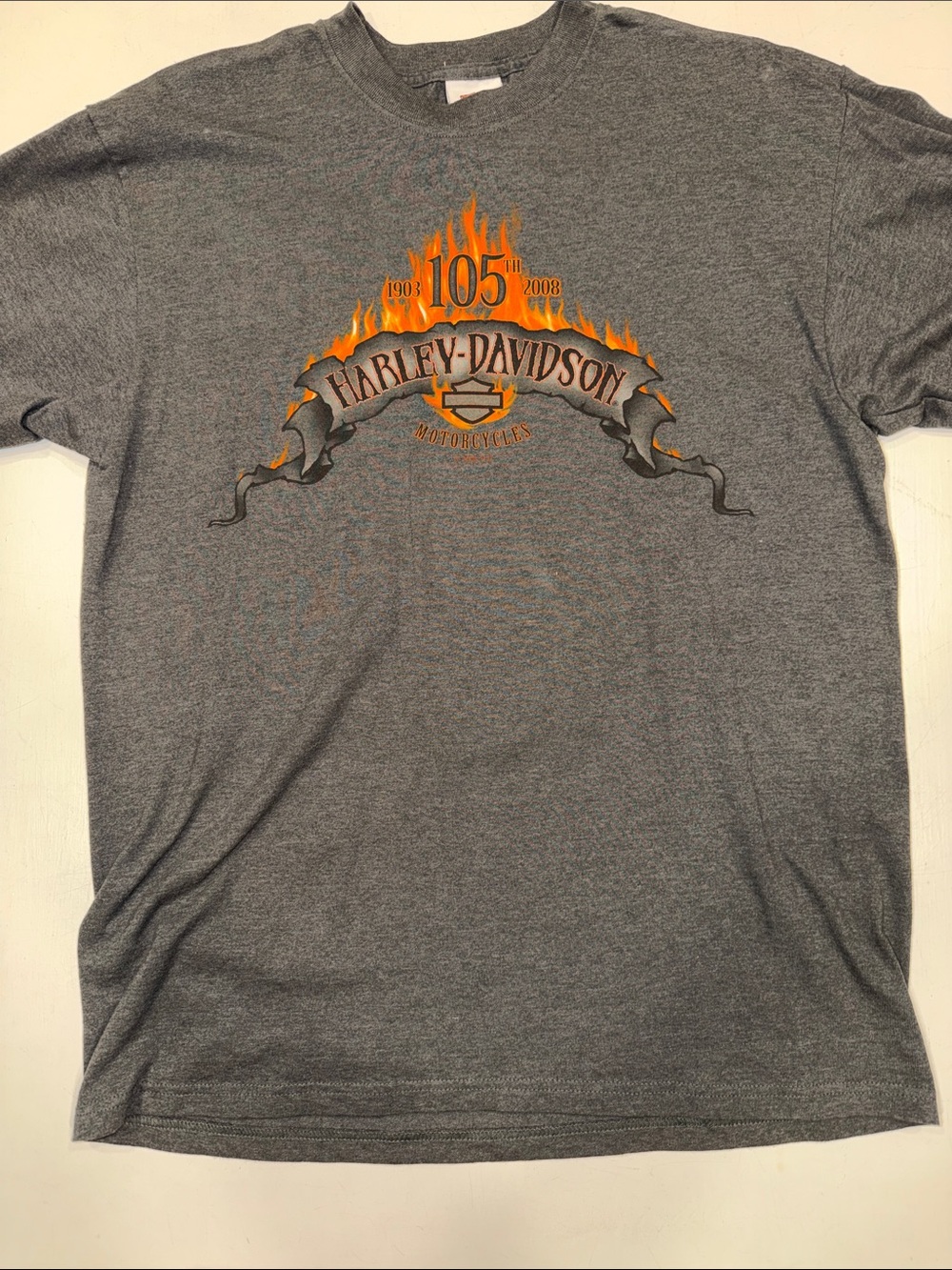 Harley-Davidson Gray Short Sleeve Tee with Orange Flame 105th Logo